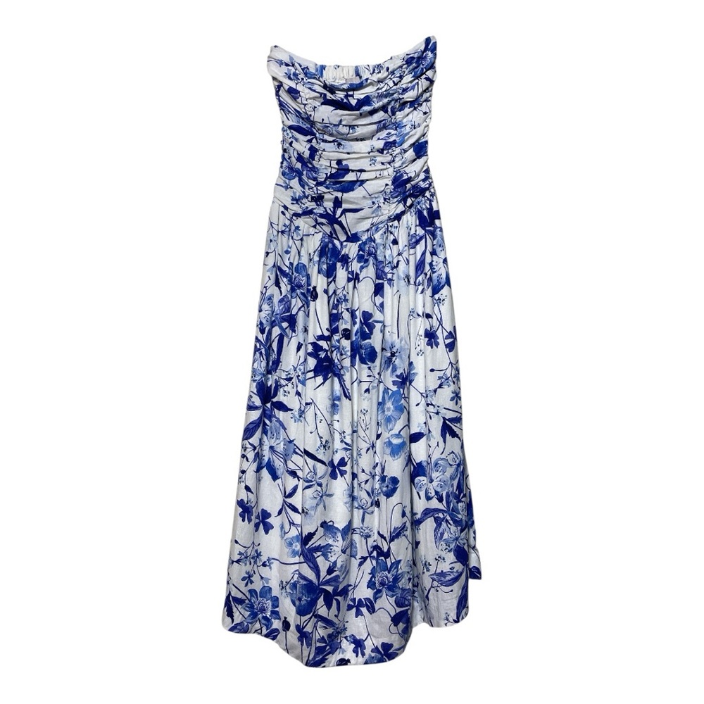 CHELSEA28 Ruched Linen Blend Strapless Sundress Blue Floral S